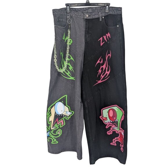Invader Zim Denim Baggy Jeans Women Size 16 Dib & Zim Split Wide Leg Y2K Grunge - Picture 1 of 13